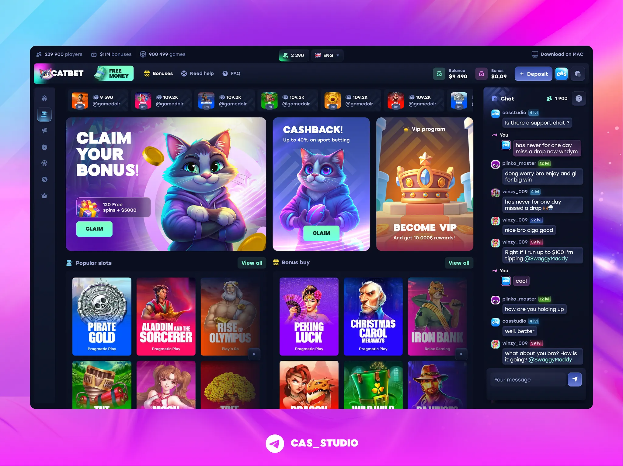 Catbet Casino Lobby mit Spielautomaten und Casino-Bereichen